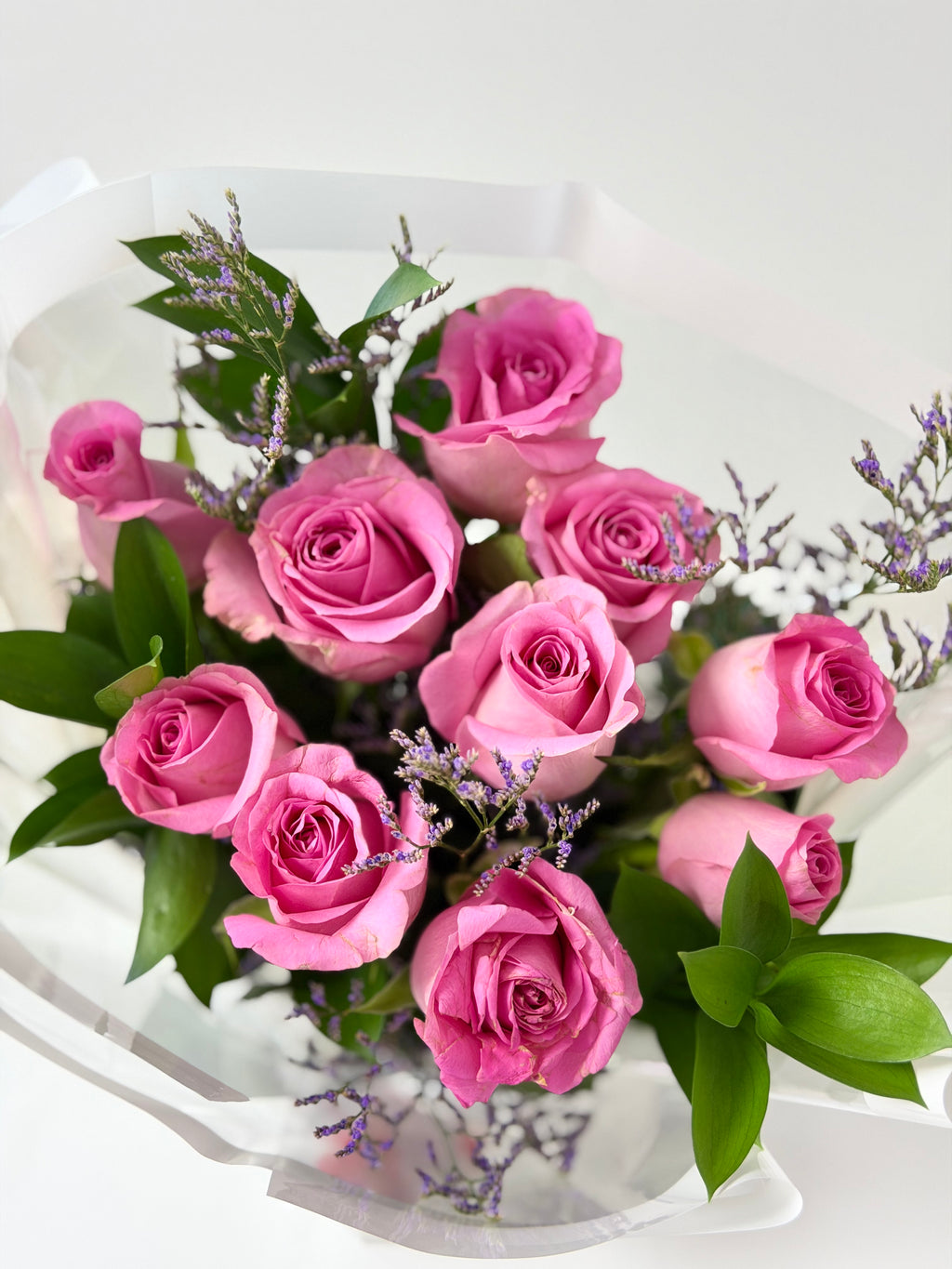 Pink Roses with Limonium in White Wrapping